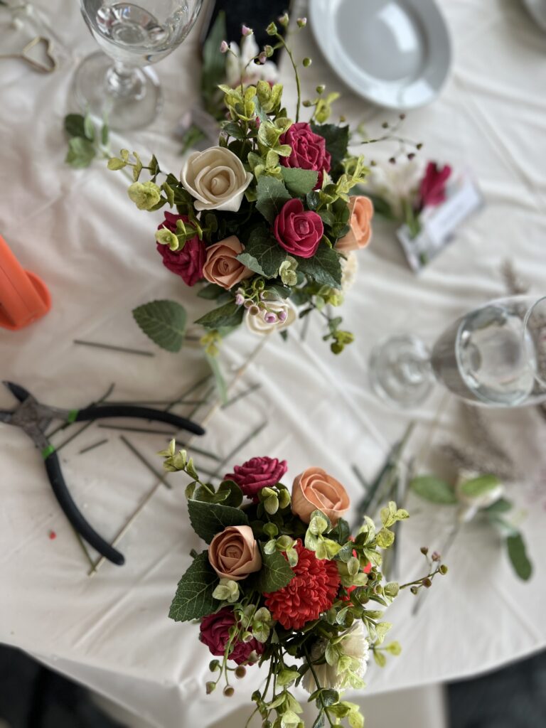 wood flower DIY workshop tablescape