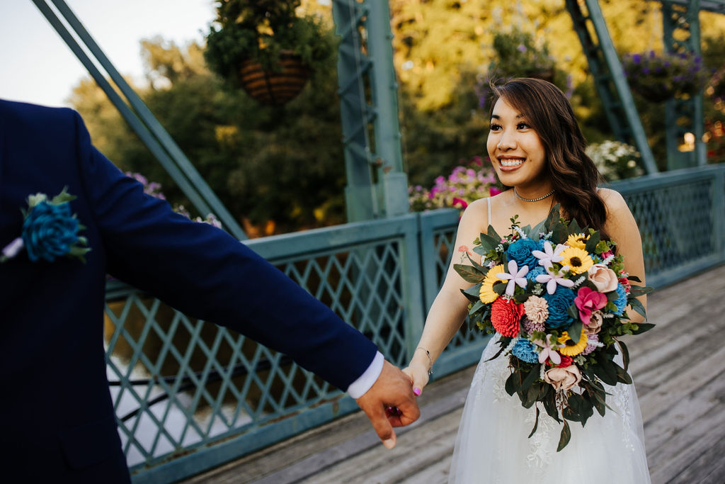 colorful cascading wood flower bouquet