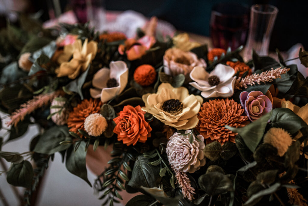 wood flower decor for connecticut wedding reception